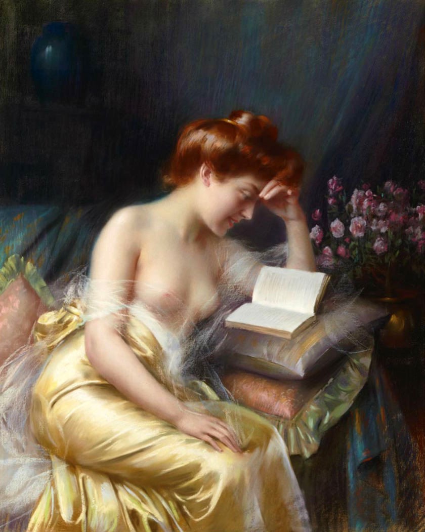 -Beautiful-Oil-painting-nude-young-girl-reading-book-on-sofa-with-spring-flowers