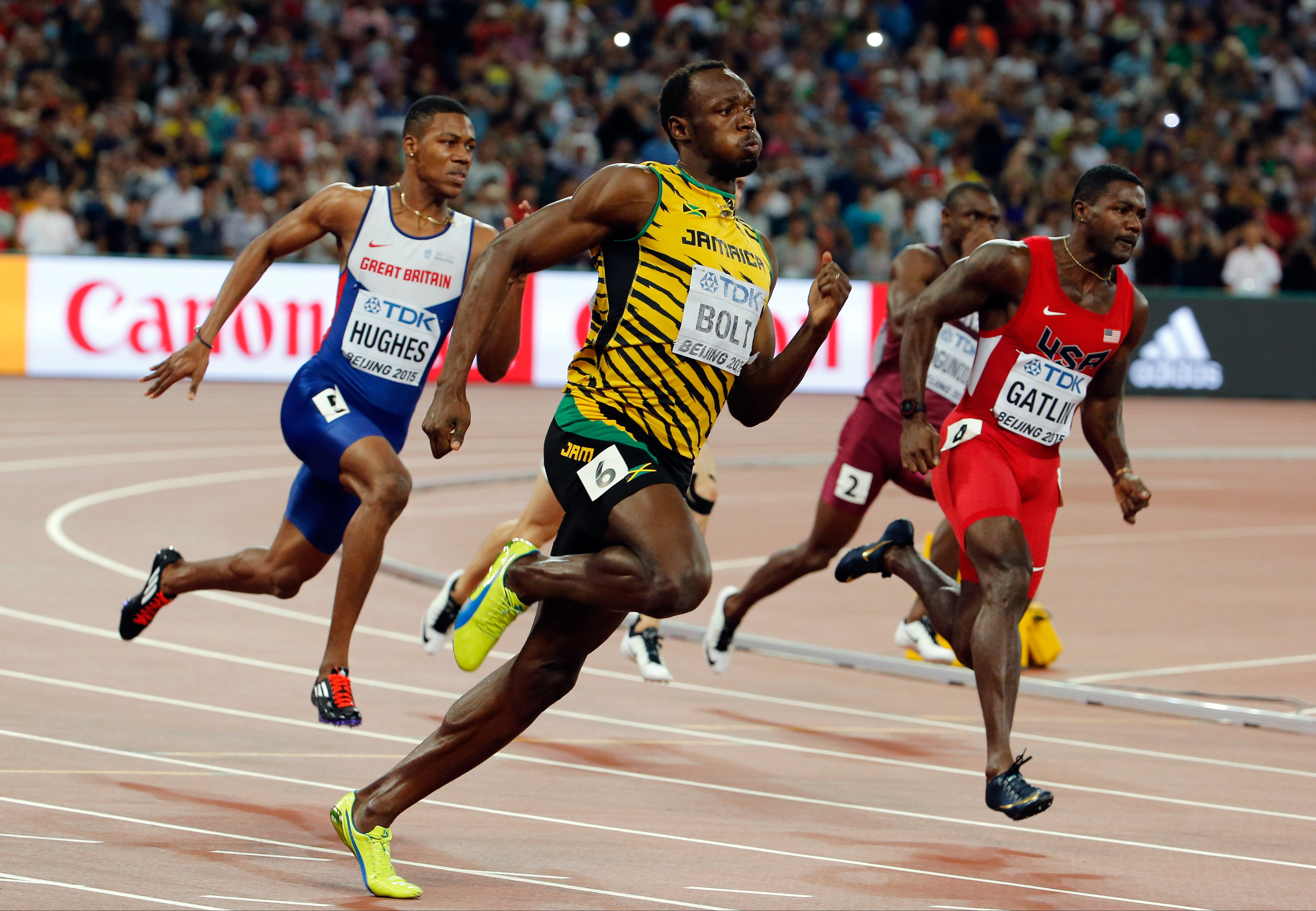 Jamaica's Usain Bolt races to the gold medal in the men's 200m final at the at the World Athletics Championships at the Bird's Nest stadium in Beijing, Thursday, Aug. 27, 2015. (AP Photo/Ng Han Guan)